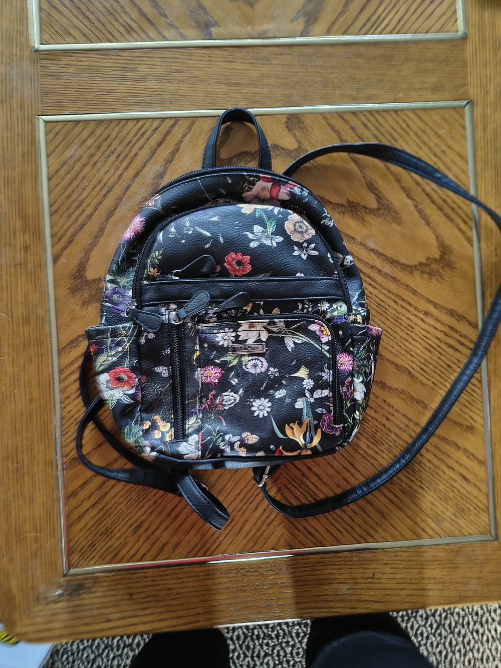 Black Floral Mini Backpack Crossbody Bag